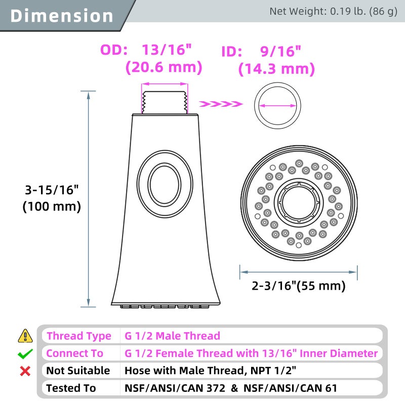 Angle Simple Kitchen Faucet Head Replacement, G 1/2 or 13/16 Inch Male Thread Connector, Tested to NSF/ANSI/CAN 61 & 372, Sink Sprayer Attachment, Stream and Spray Mode, Brushed Nickel - Image 2